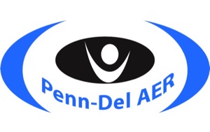 Penn-Del AER Logo: a blue, white, and black artistic rendering of an eye with the text Penn-Del AER and the Penn-Del AER and the chapter name: Pennsylvania - Delaware Chapter Association for Education and Rehabilitation of the Blind and Visually Impaired.